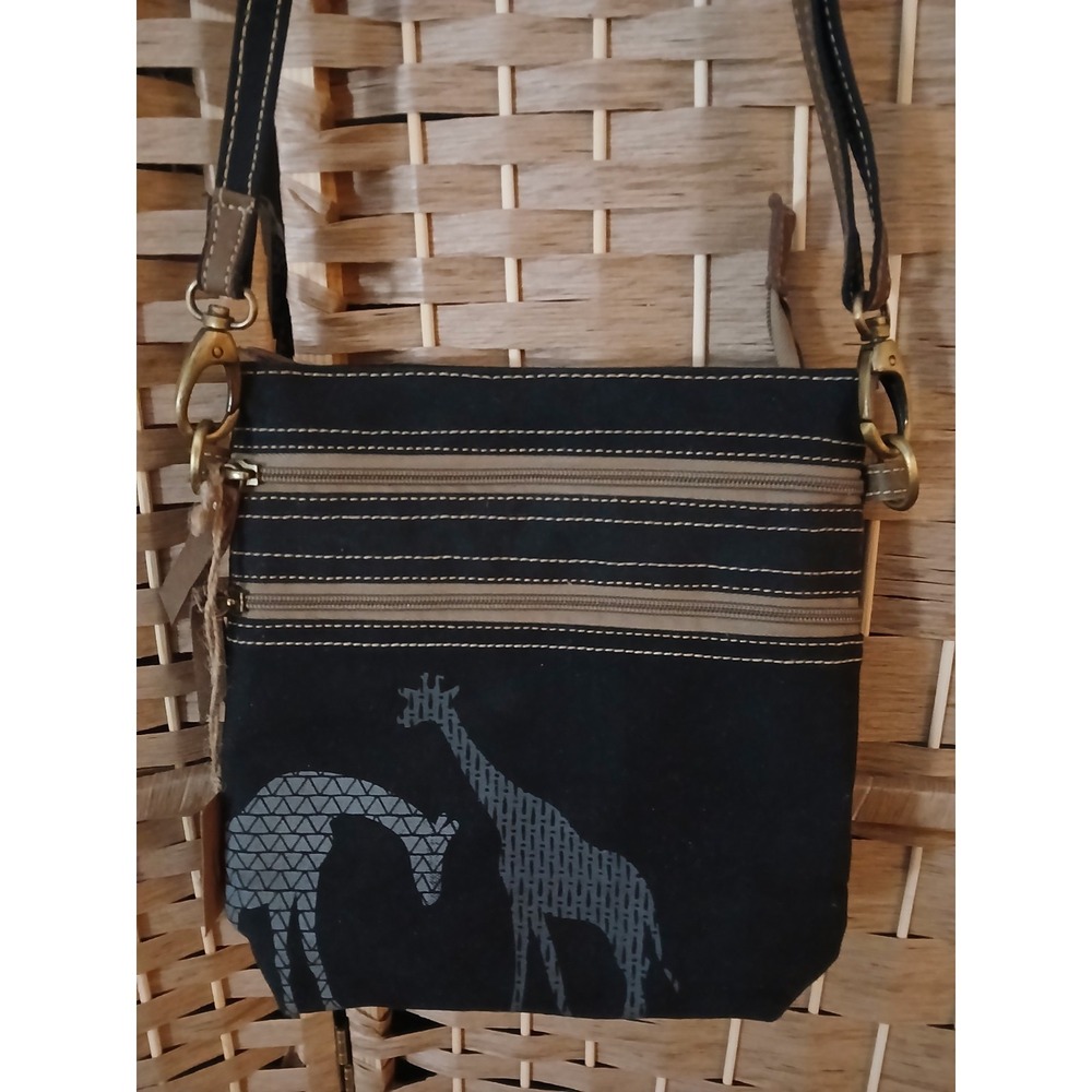 NWT Art Studio Co Black Canvas  Two Giraffe Crossbody Purse Made In India